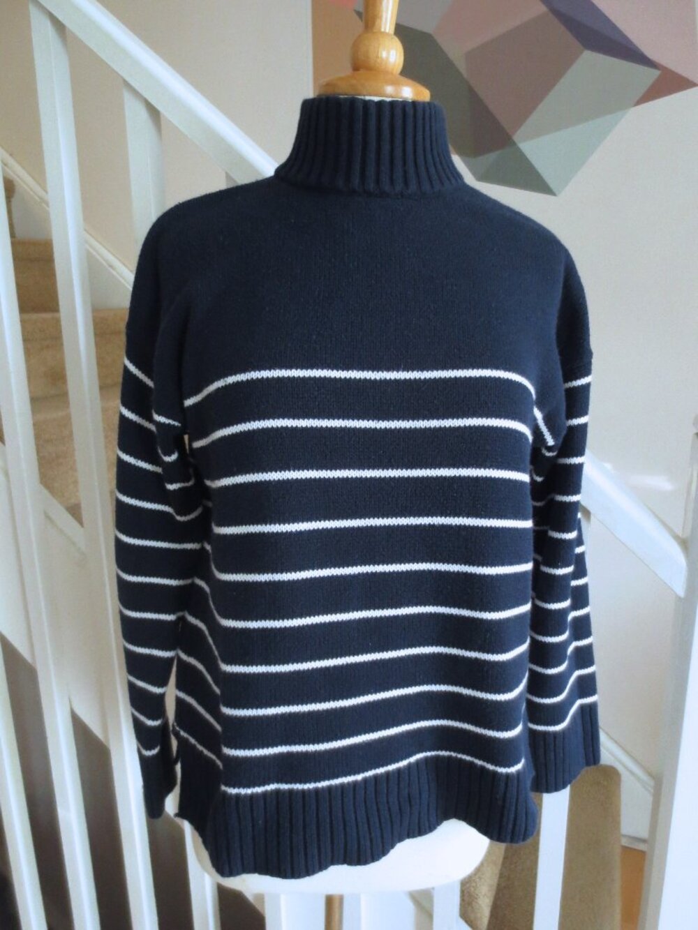 Navy Blue and White Stripe Mock Neck Pullover Sweater